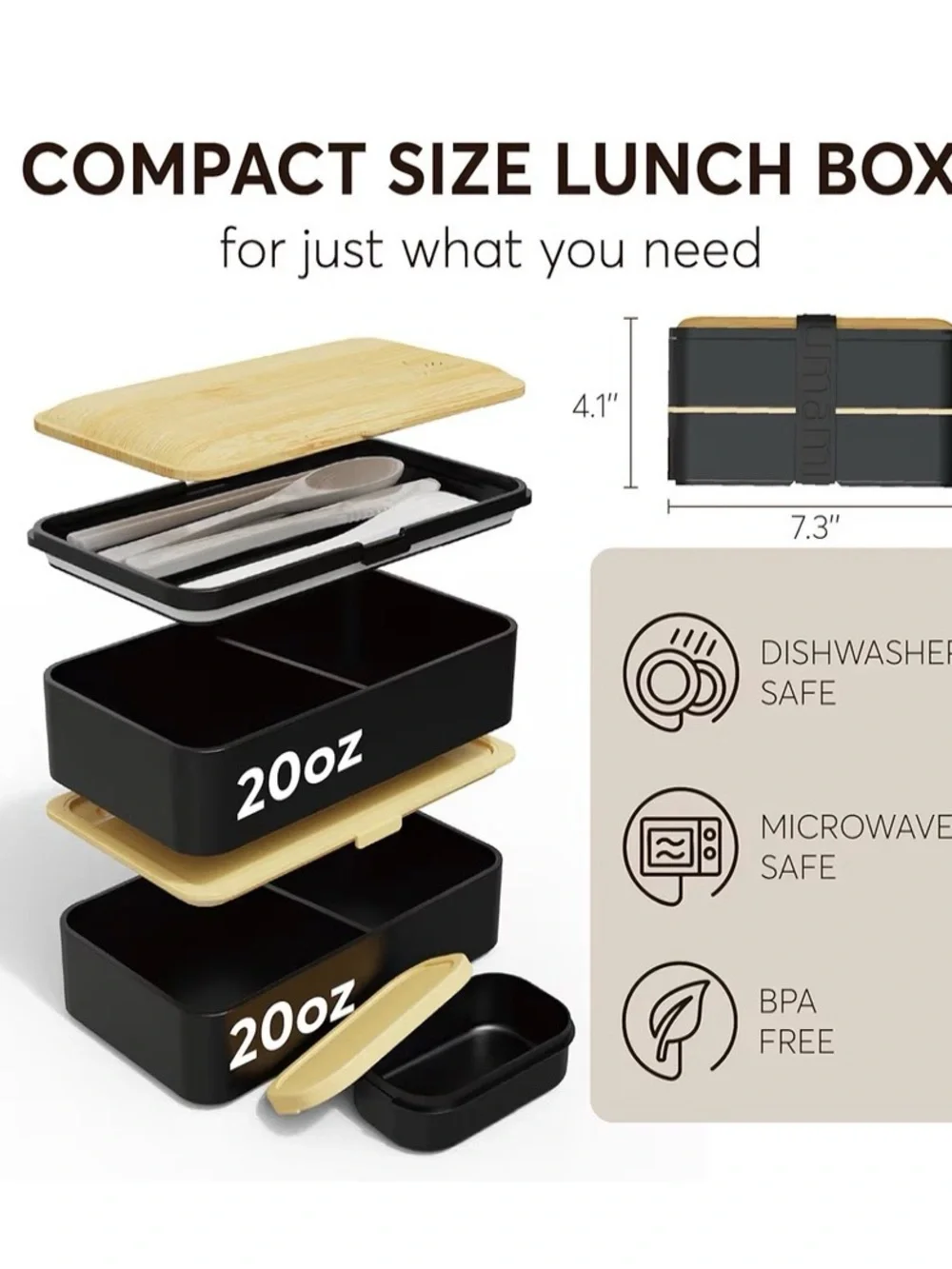 Black Bento Lunch Box with Bamboo-Style Lids
